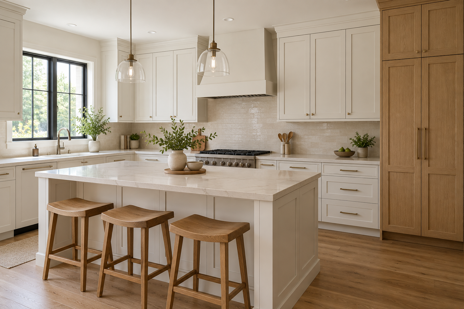 White and oak kitchen cabinets with a fitted pantry and island